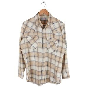 Vintage Levis Western Shirt Pearl Snap Plaid Beige Long Sleeve Size Large
